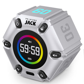 Printers Jack Pomodoro Timer in silver with a compact desk-friendly design.