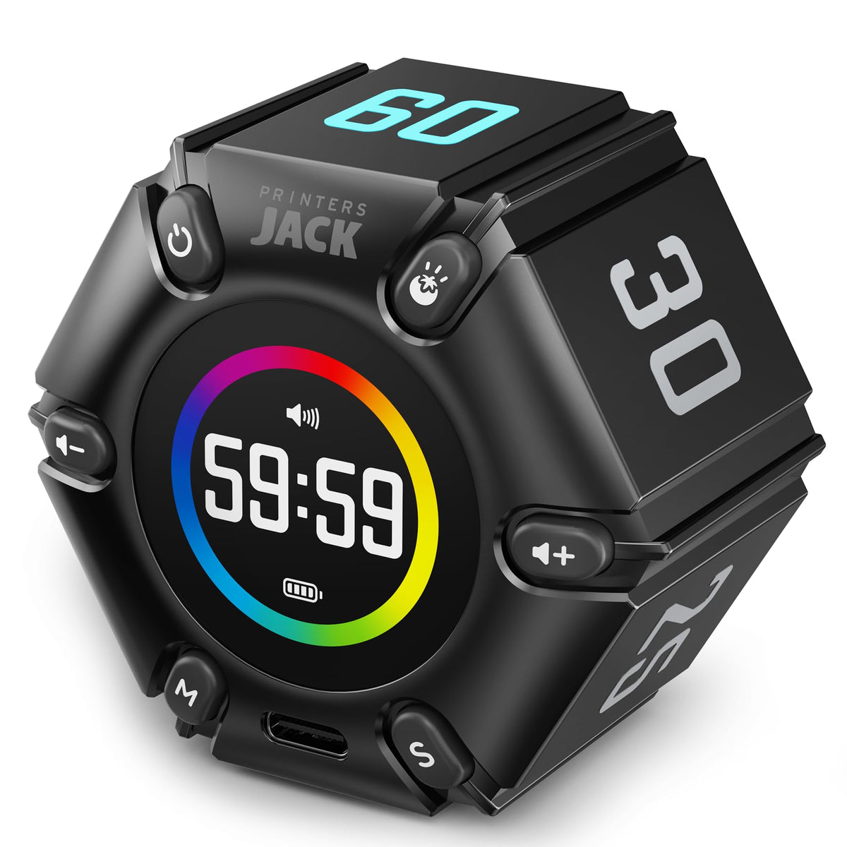 Printers Jack Pomodoro Timer front view shows quick presets for focused sessions