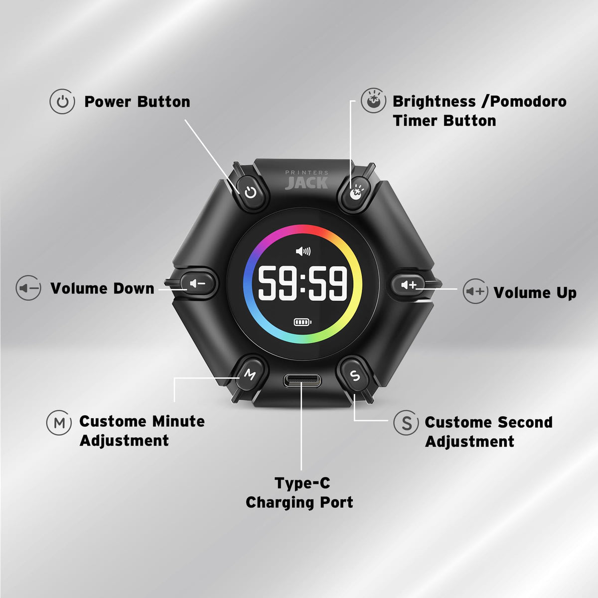 Close up side profile of Jack Pomodoro Timer highlighting compact design and controls