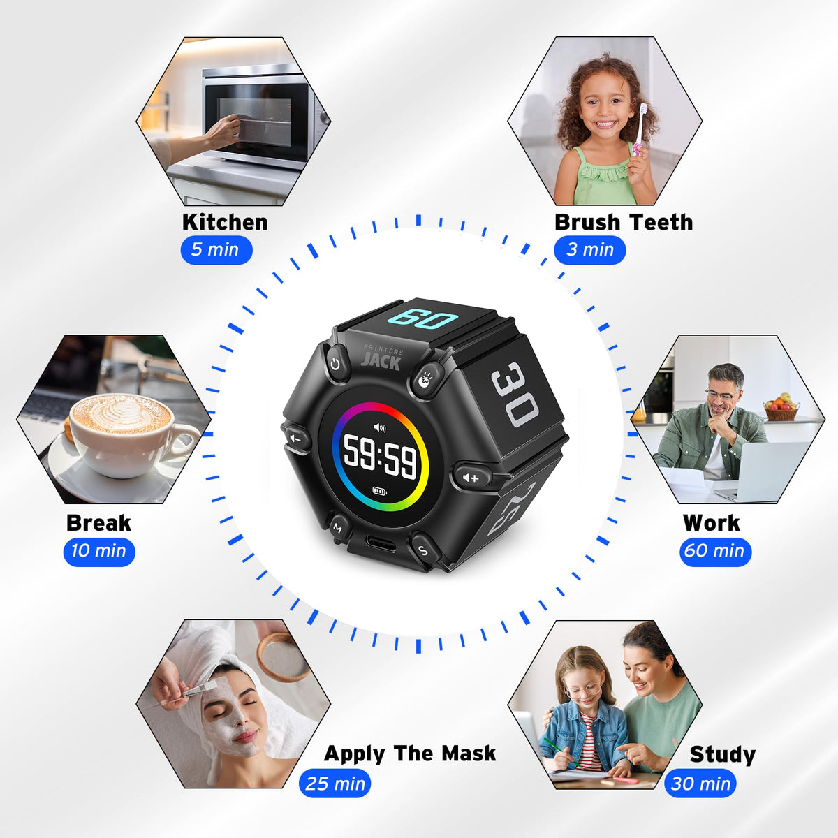 Display with mute, vibration, and sound modes plus brightness levels