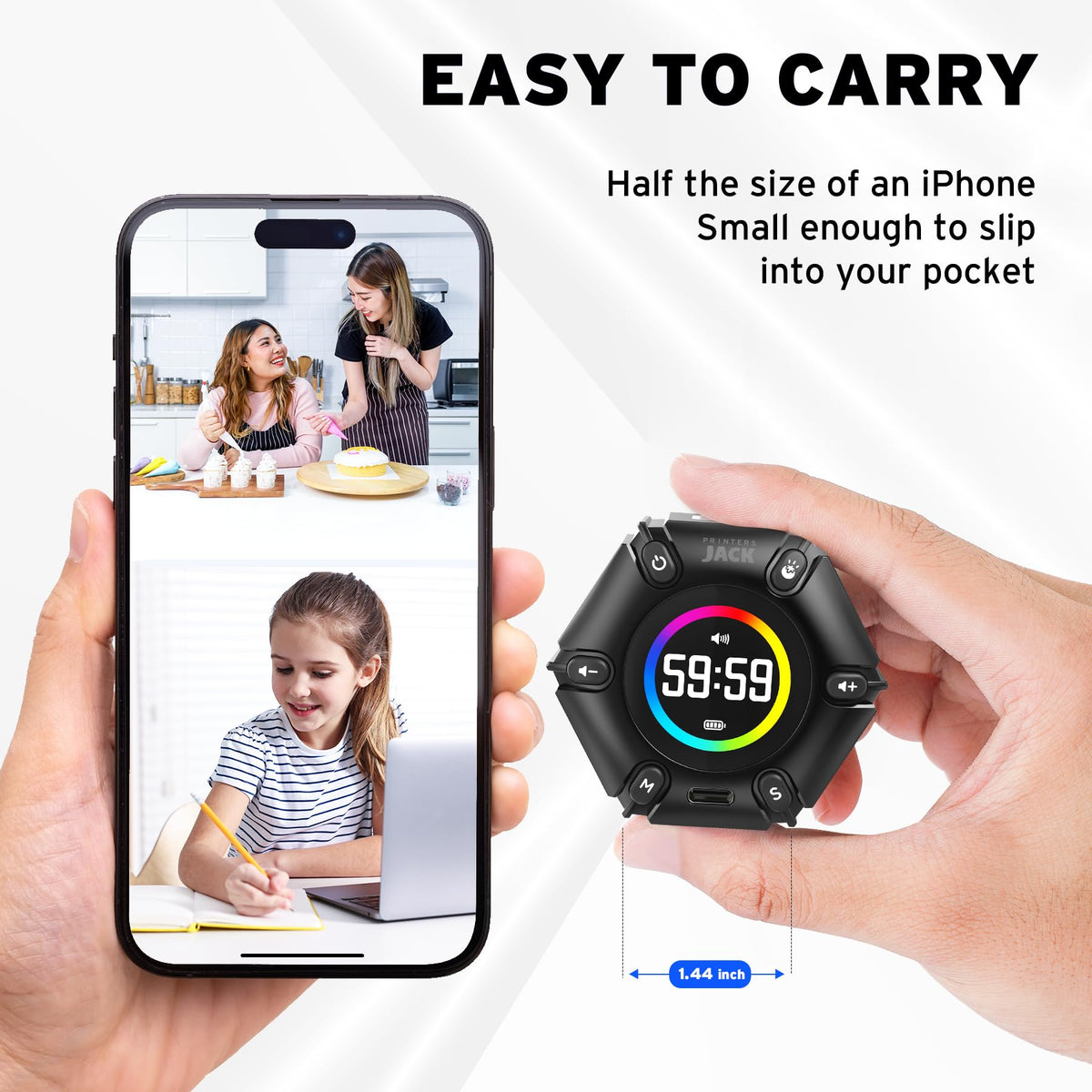 Compact rechargeable timer with USB C charging for travel or desk use