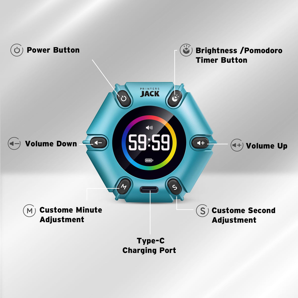 Printers Jack pomodoro mode supports 25 minutes work followed by 5-minute breaks.
