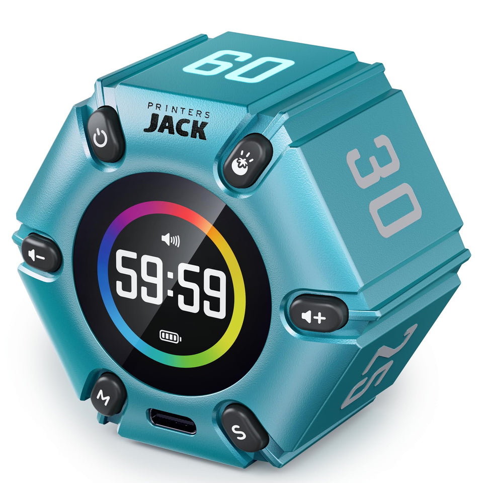 Printers Jack pomodoro timer with magnetic base anchors to steel surfaces for steady time tracking.