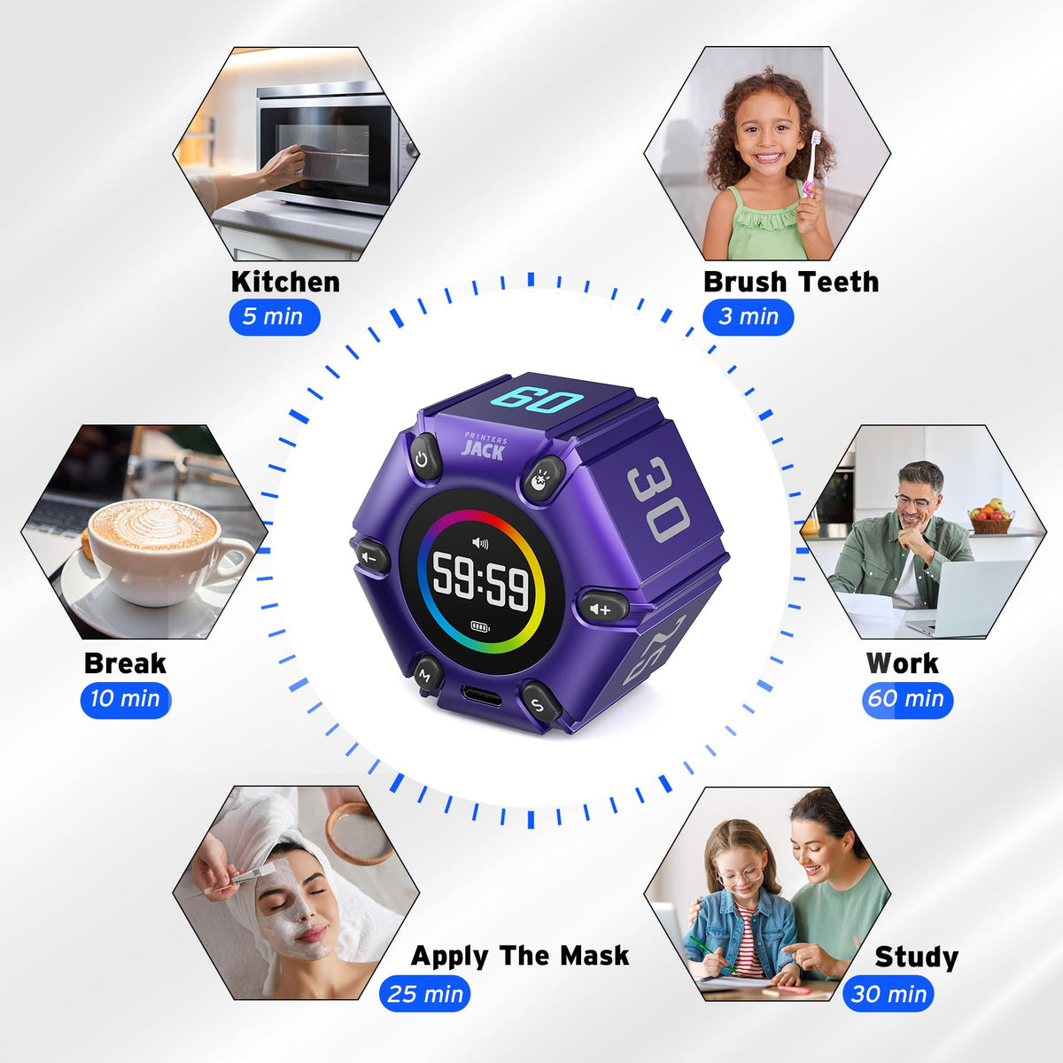 Printers Jack Productivity Cube Timer with six presets and custom options for flexible timing