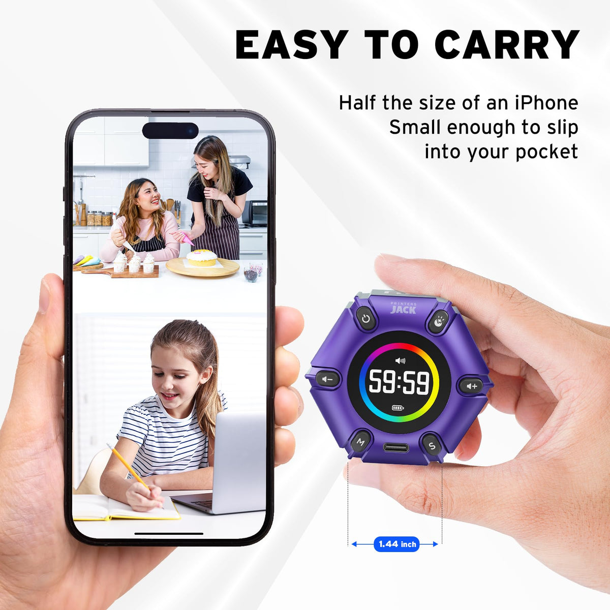 Printers Jack Productivity Cube Timer USB-C rechargeable for battery-free power on the go