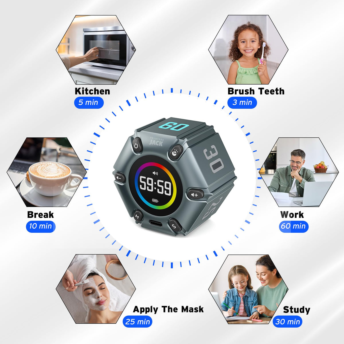 Printers Jack timer adjustable sound and brightness for any environment.