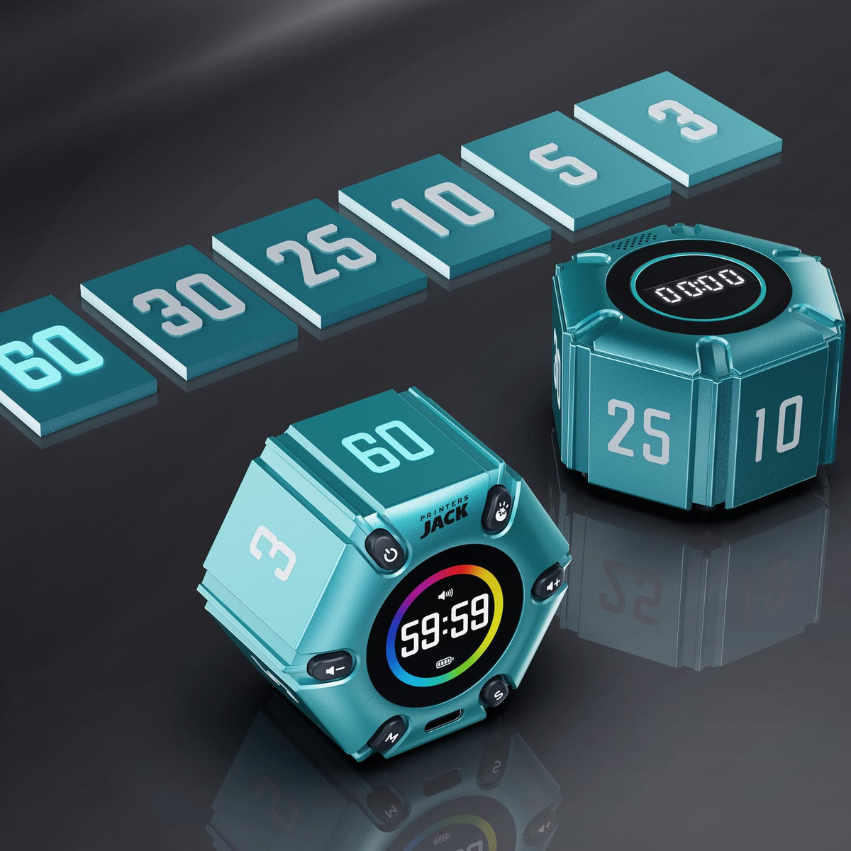 Printers Jack turquoise digital timer compact for desks, kitchens, and study spaces.