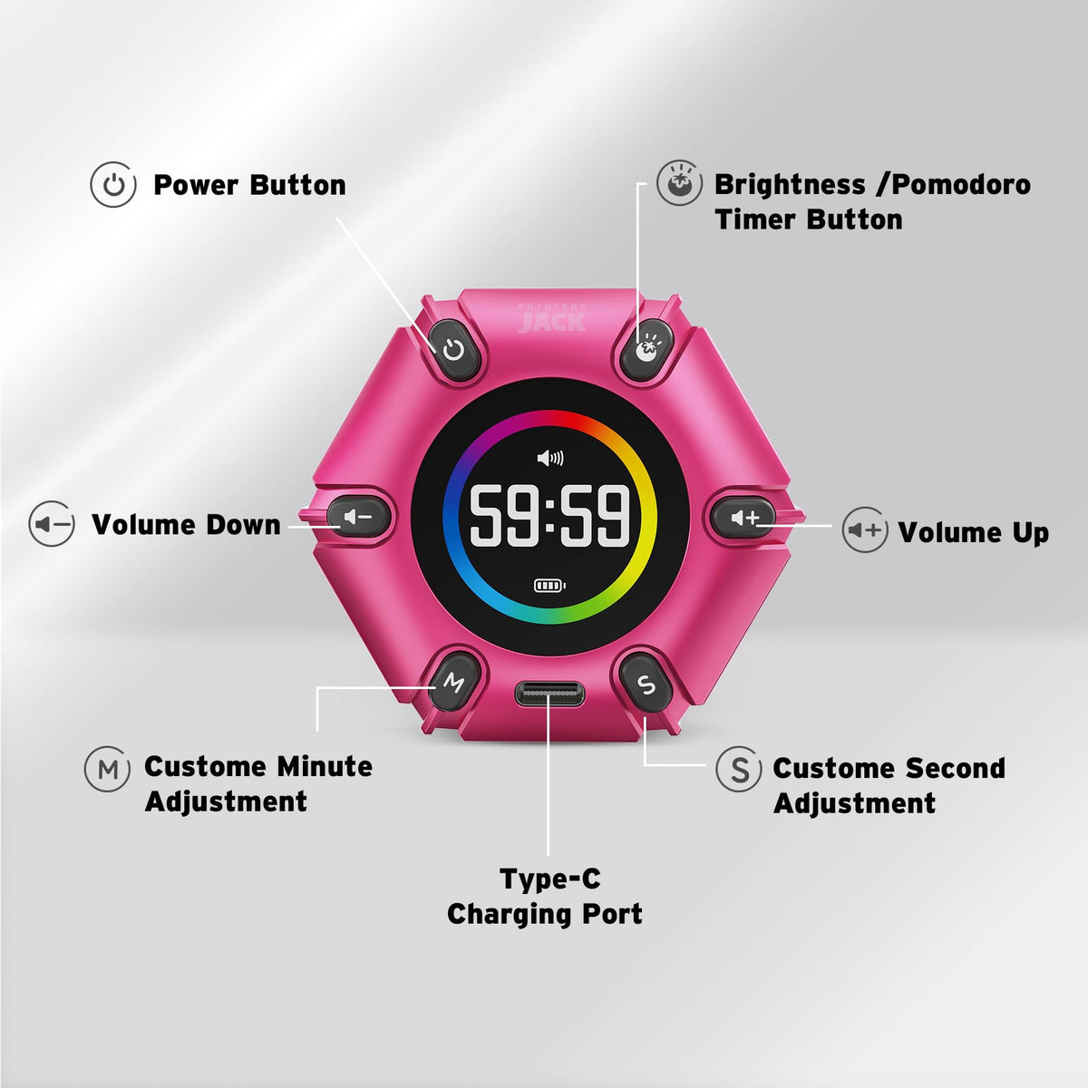 Printers Jack timer brightness settings for day or night use.