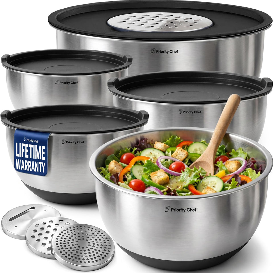 Priority Chef 5-quart bowl with lid for airtight storage and meal prep convenience.