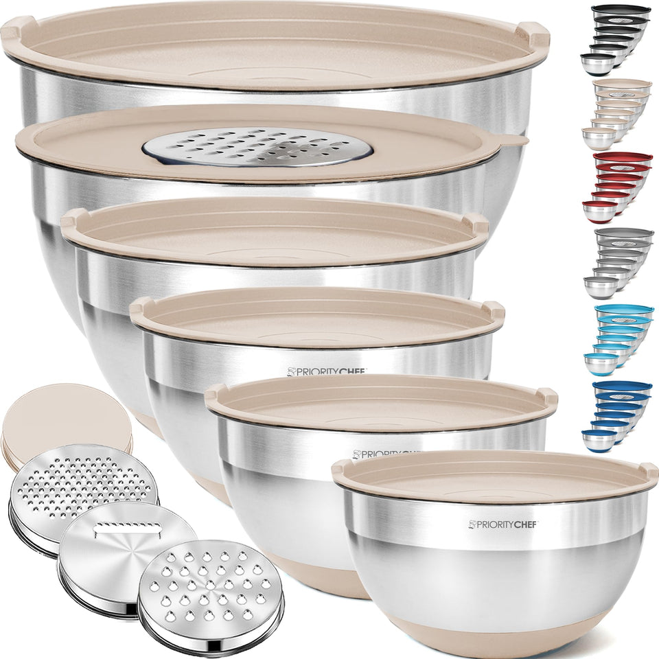 Priority Chef 6pc mixing bowls with lids in khaki for versatile kitchen prep.
