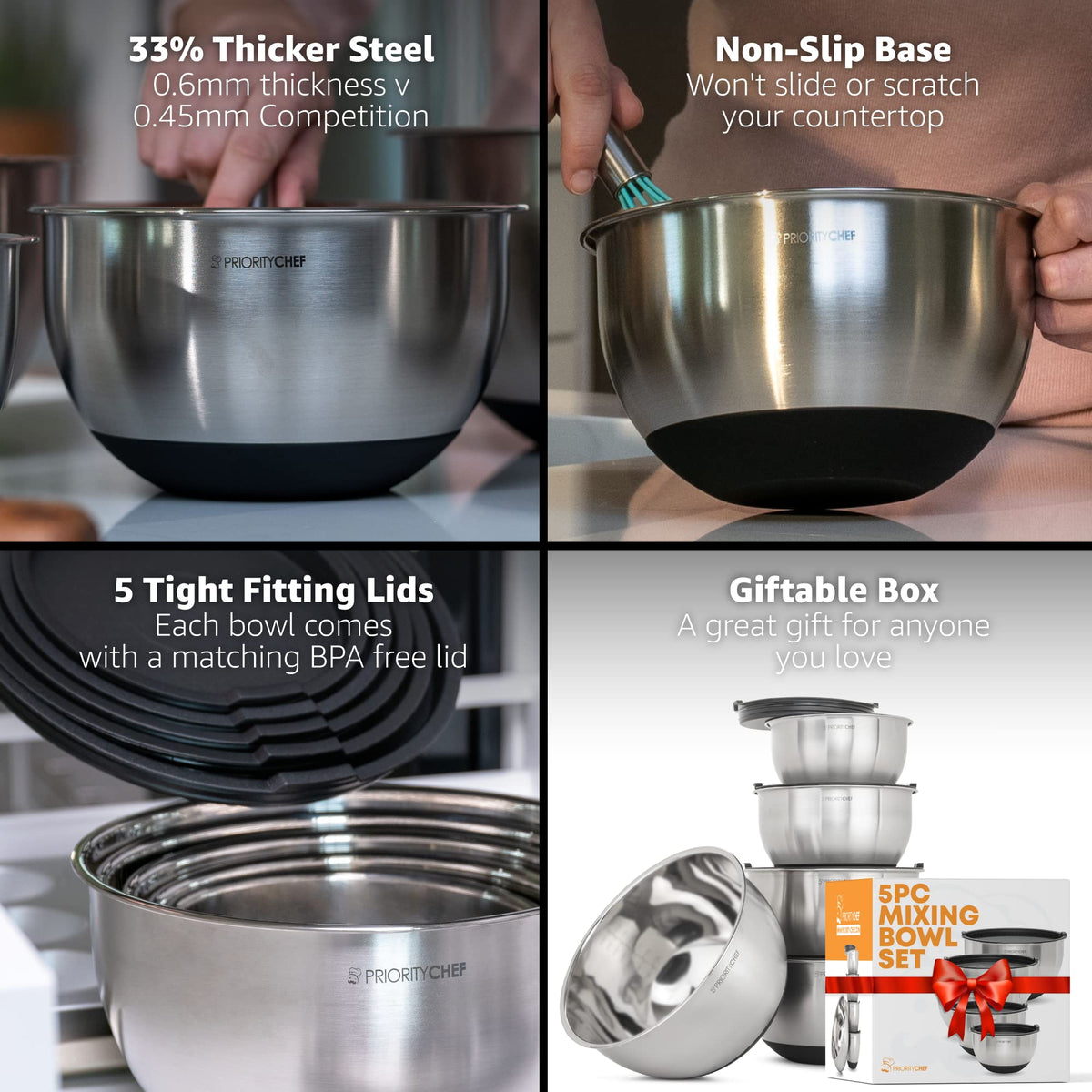 Priority Chef 5-qt bowl with lid for large batches.