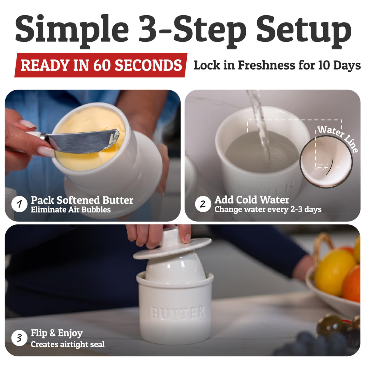 Priority Chef butter crock closeup highlights glossy ceramic finish for stylish storage.