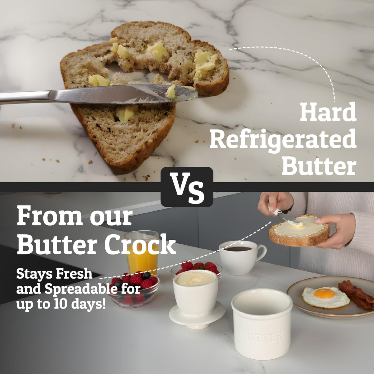 Priority Chef butter crock on countertop keeps butter ready to spread.