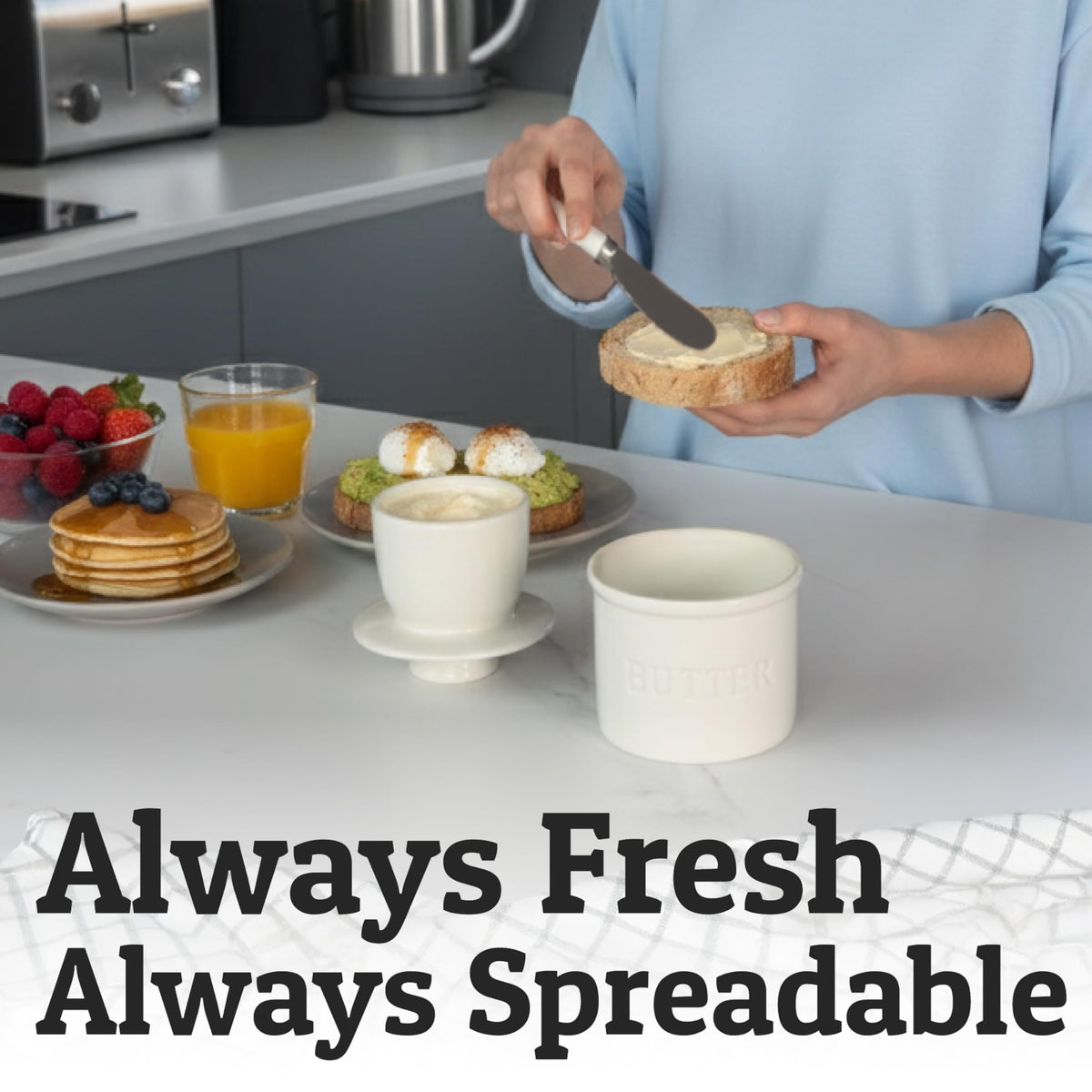 Priority Chef butter crock with smooth white finish keeps butter fresh.