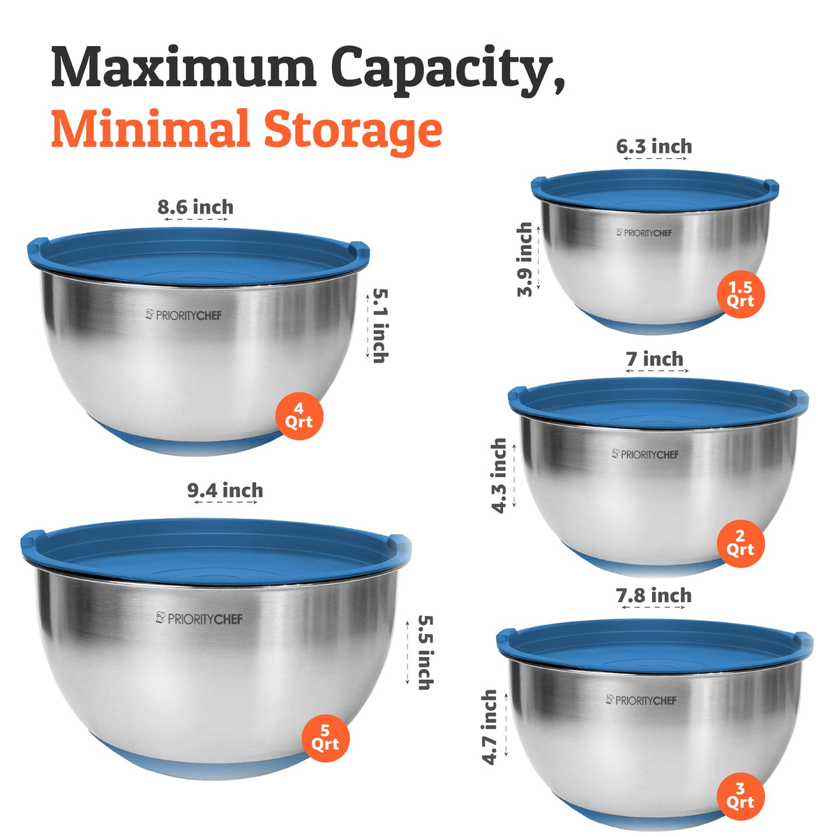 Priority Chef bowls show etched measurements for quick, accurate in-bowl portioning.