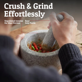 Priority Chef granite mortar close-up highlighting durable texture for grinding.