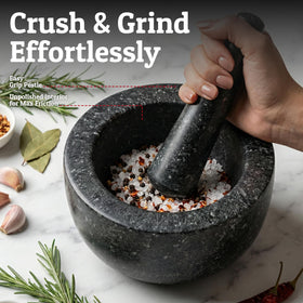Close-up of Priority Chef granite mortar and pestle showing durable surface.
