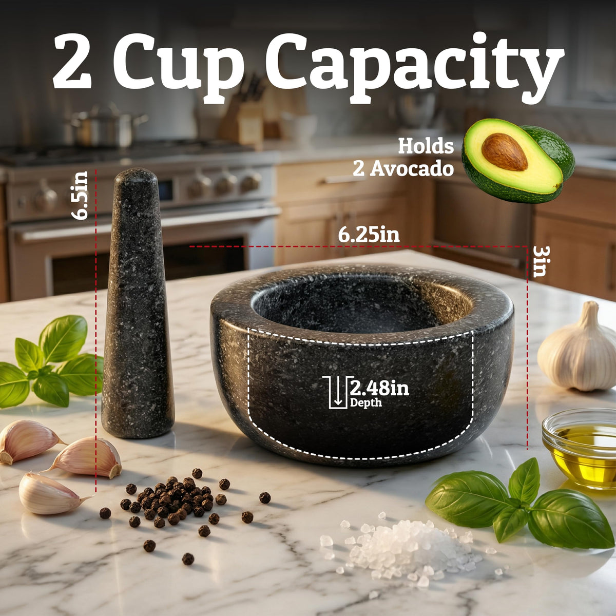 Priority Chef granite mortar-pestle in use crushing fresh herbs and spices.