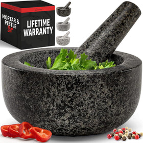 Priority Chef heavy-duty mortar and pestle in black granite for 2-cup grinding.