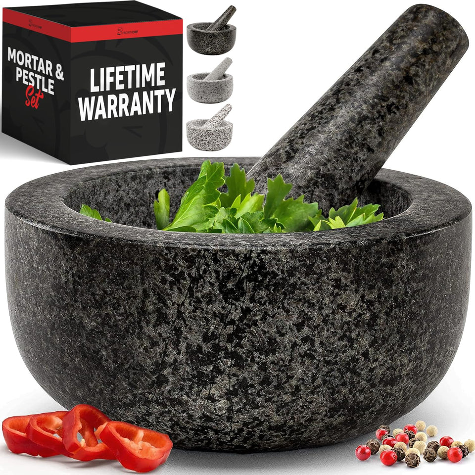 Priority Chef heavy-duty mortar and pestle in black granite for 2-cup grinding.