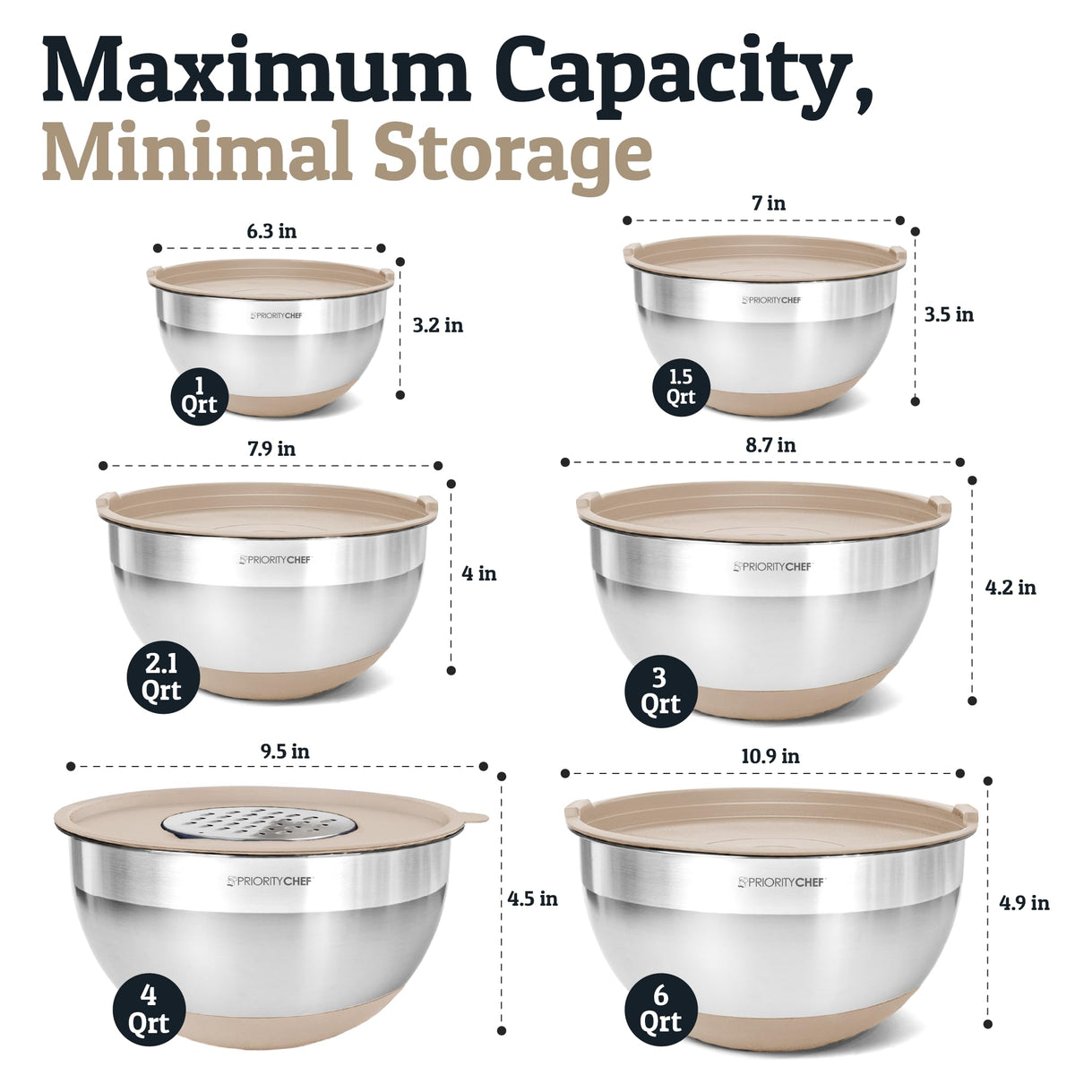 Inside measurement marks on Priority Chef bowls help with quick, accurate mixing.