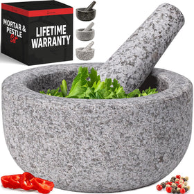 Priority Chef small grey mortar and pestle top view showing 1.5 cup capacity.