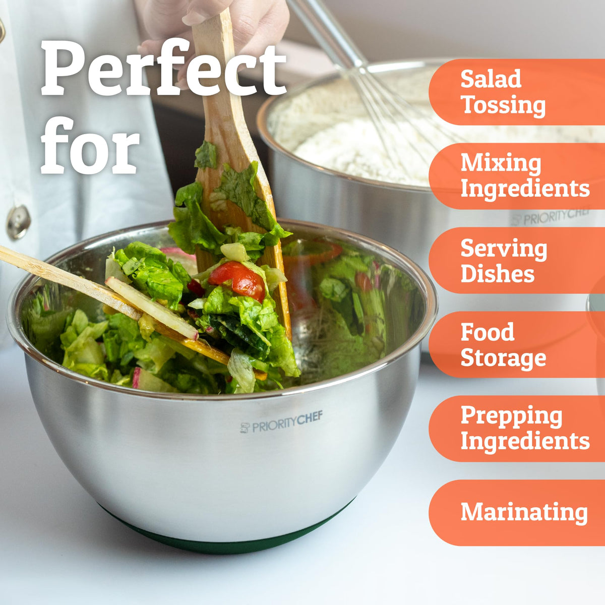 Priority Chef nesting design bowls save cabinet space when stored together.