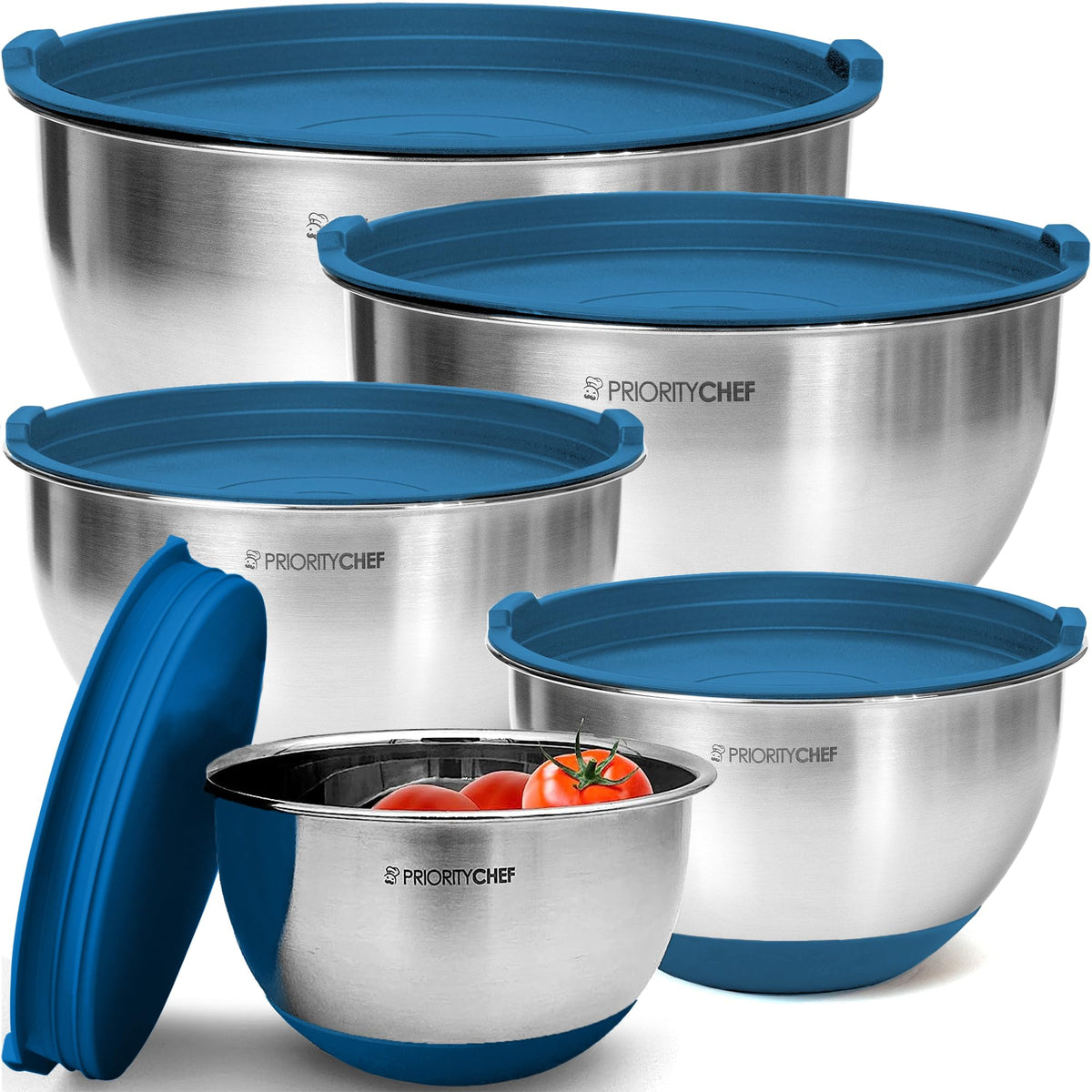 Priority Chef premium mixing bowls with blue lids for airtight organization and prep efficiency.