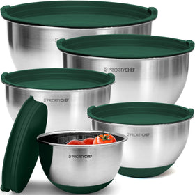 Priority Chef premium mixing bowls in green stacked for space-saving storage.