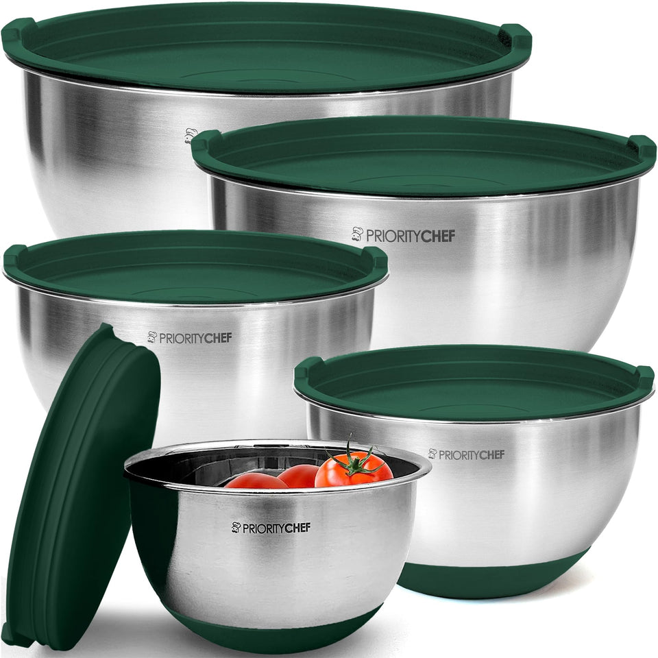 Priority Chef premium mixing bowls in green stacked for space-saving storage.