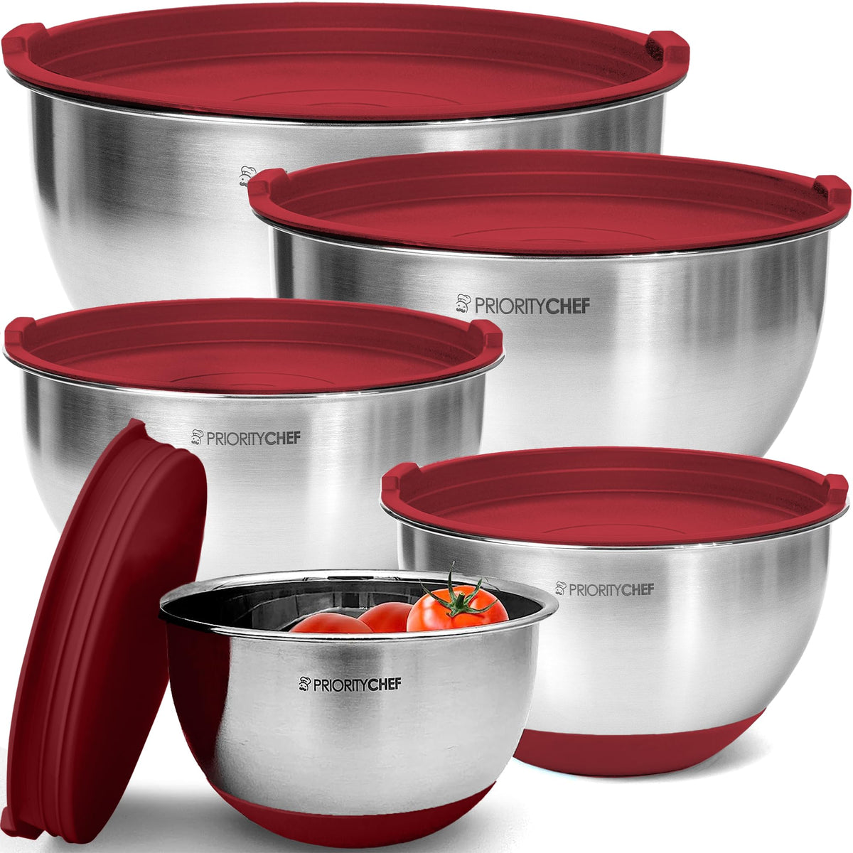 Priority Chef premium mixing bowls with lids set on counter for organized prep