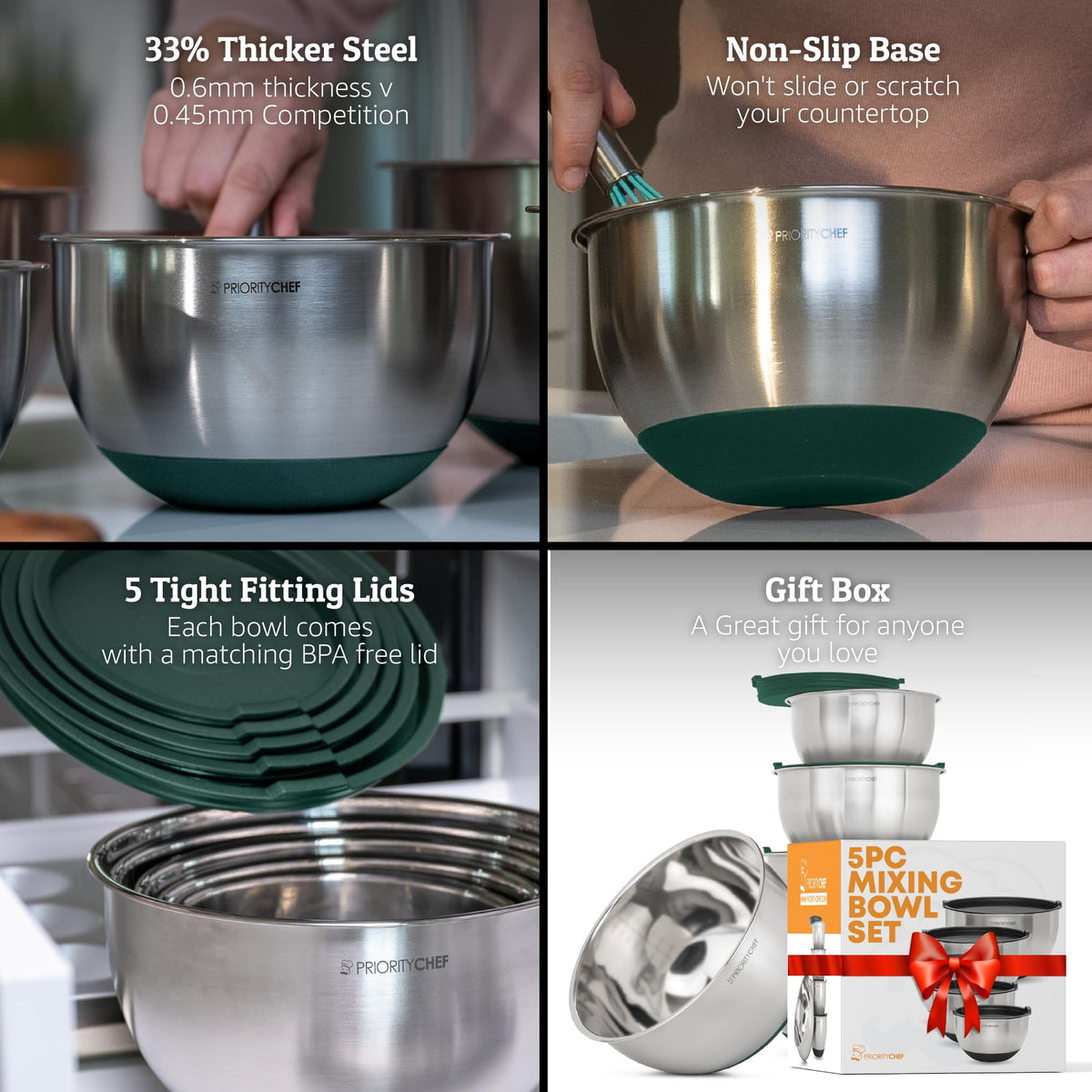Priority Chef premium mixing bowls made with thicker steel for durable everyday use.
