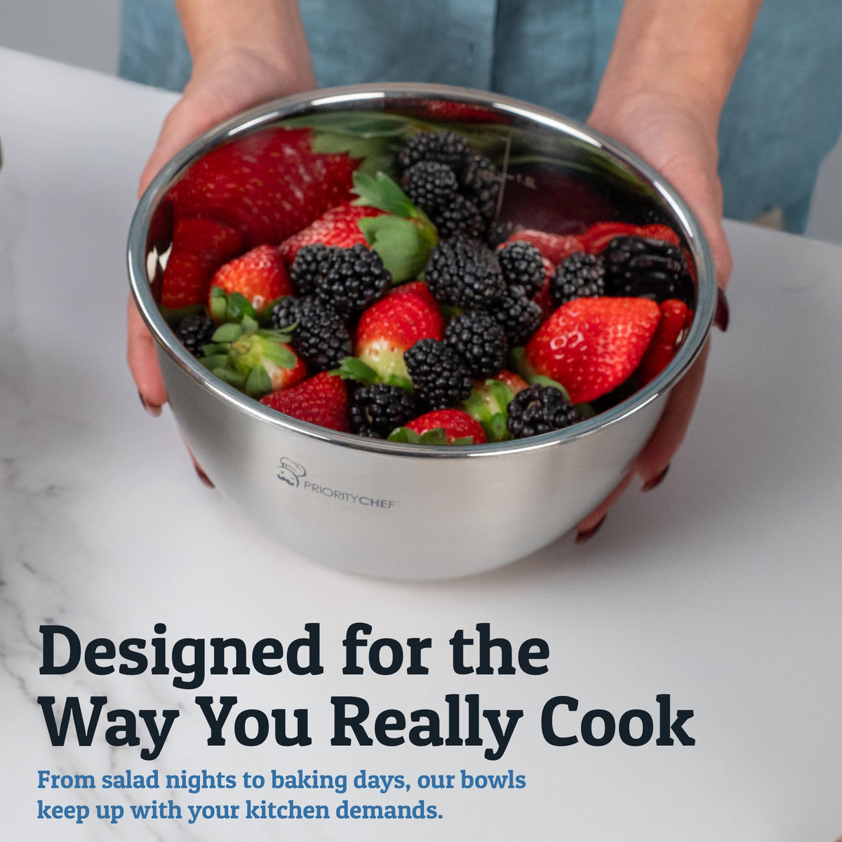 Priority Chef stackable bowls maximize cabinet organization.