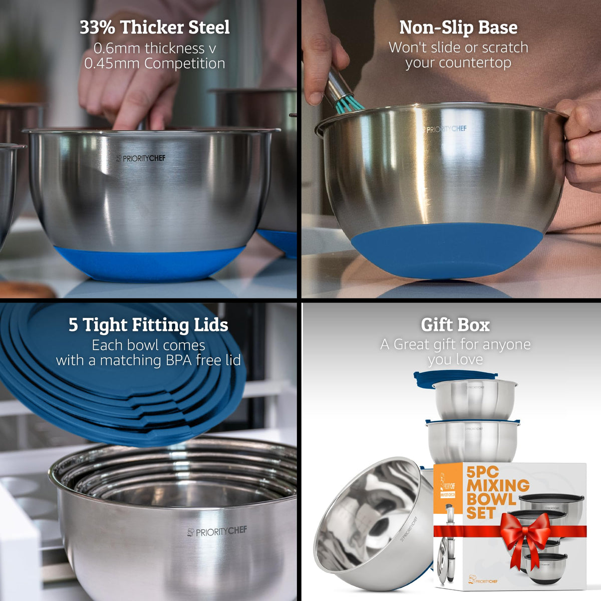 Priority Chef stainless steel bowls with non-slip base prevent slips during mixing.