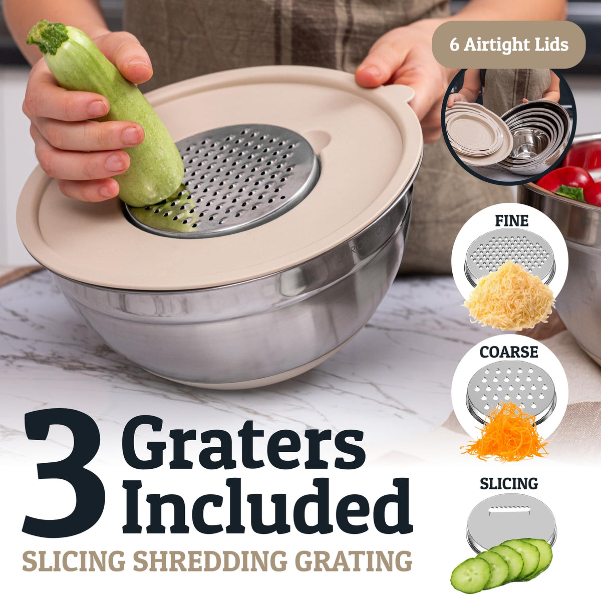 Three stainless steel graters attach to bowls for fast prep.