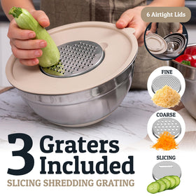 Three stainless steel graters attach to bowls for fast prep.