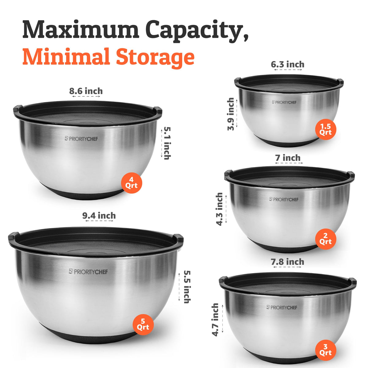 Priority Chef thicker stainless steel bowls for durability.