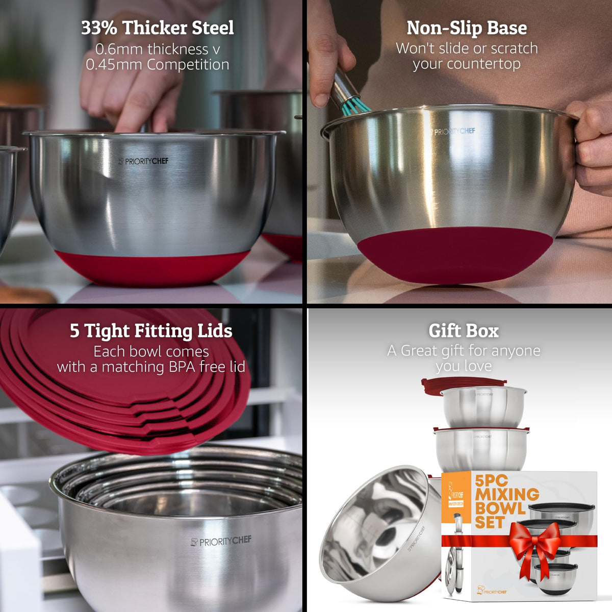 Priority Chef thicker stainless steel bowls demonstrating durability during heavy mixing