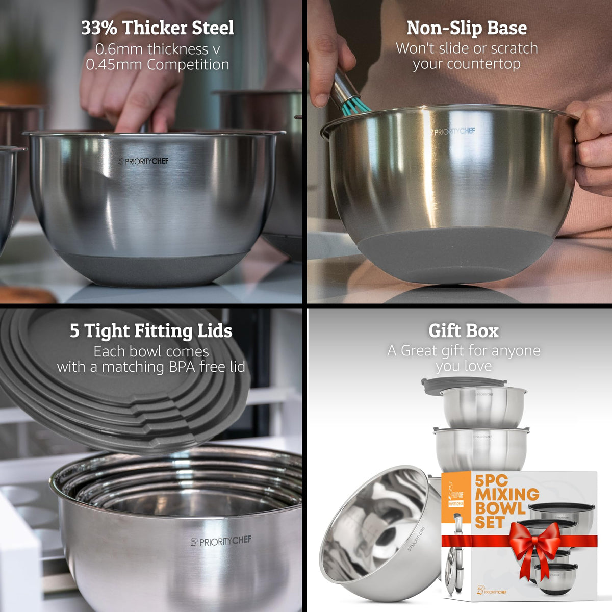 Priority Chef thicker stainless steel bowls offer durable performance.