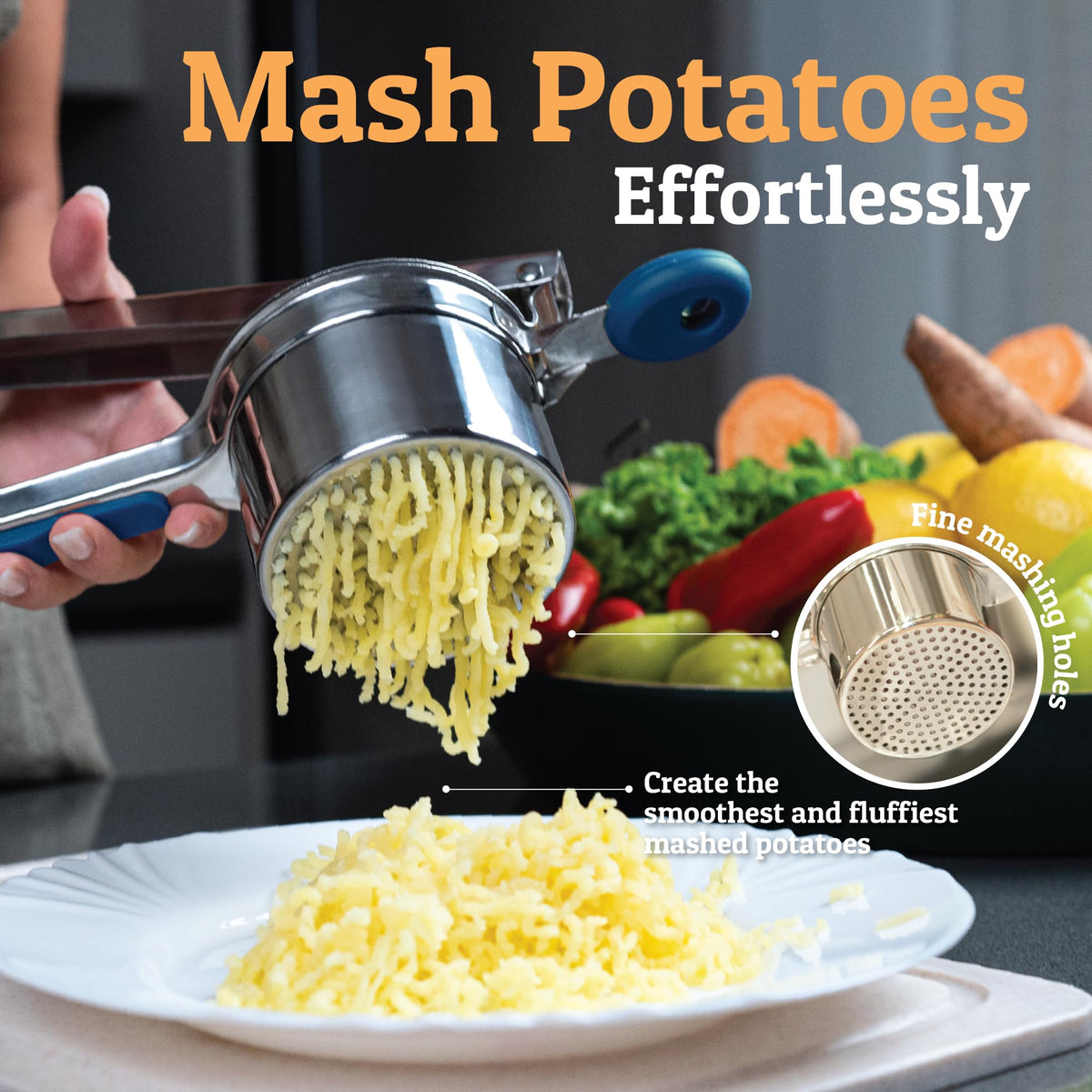 PriorityChef anti-slip long handles ensure comfortable leverage during ricing.