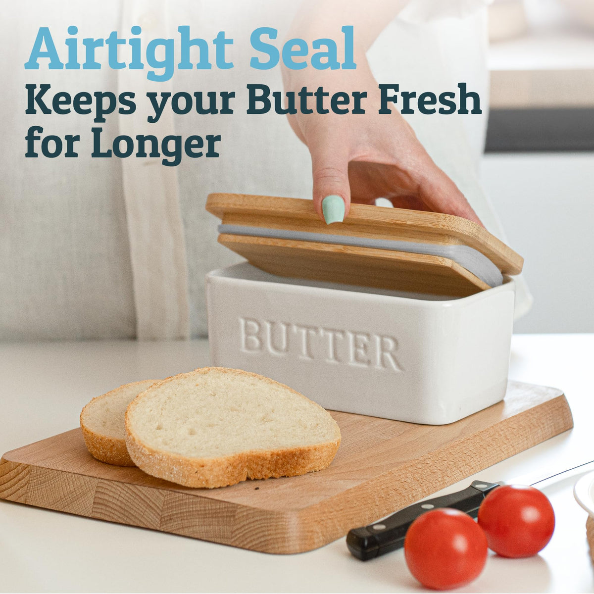PriorityChef bamboo lid with airtight seal protects flavor and preserves butter.