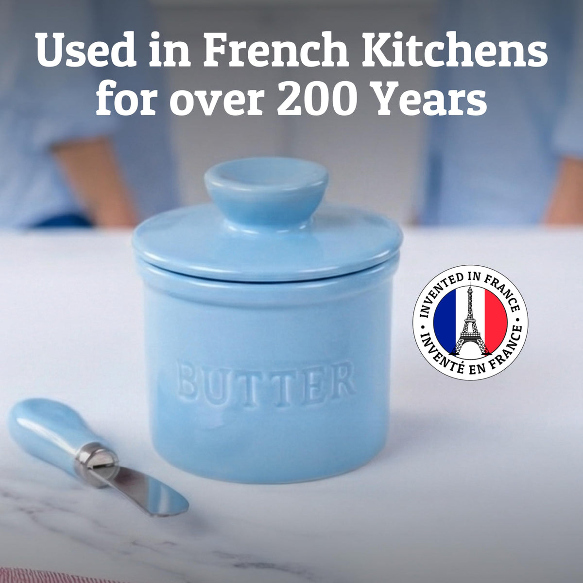 Priority Chef blue butter crock on counter brightens space