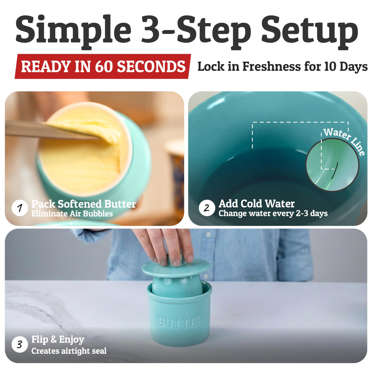 Priority Chef ceramic butter crock keeps butter safe for easy spreading.