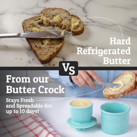 Priority Chef butter crock on countertop adds color and quick butter access.
