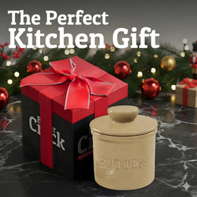 Priority Chef khaki butter crock complements modern kitchens.