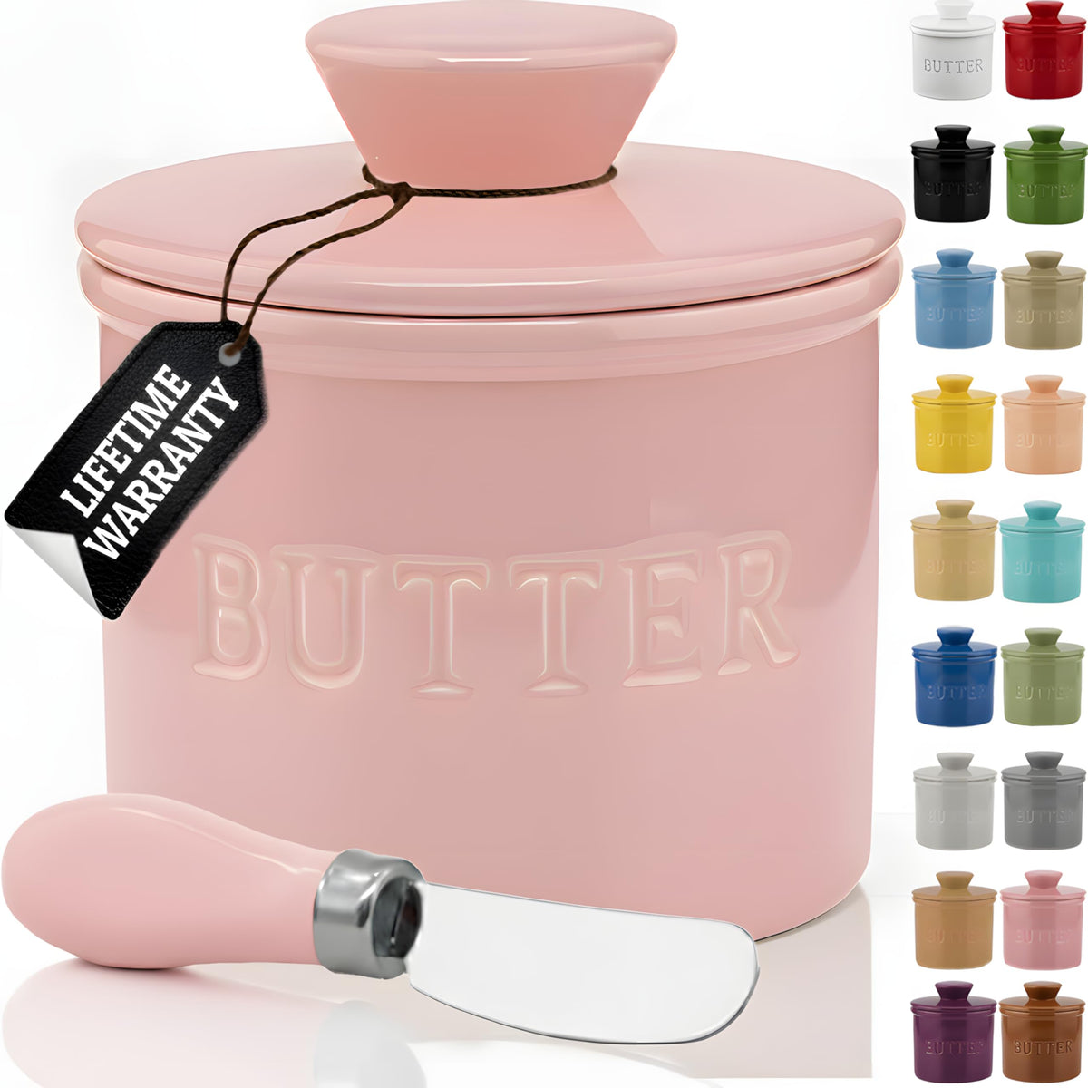 Priority Chef butter crock with lid on counter keeps butter fresh and ready.