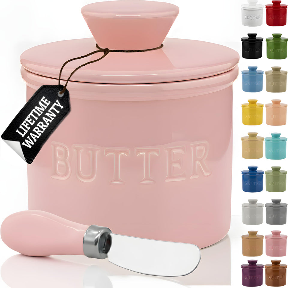 Priority Chef butter crock with lid on counter keeps butter fresh and ready.