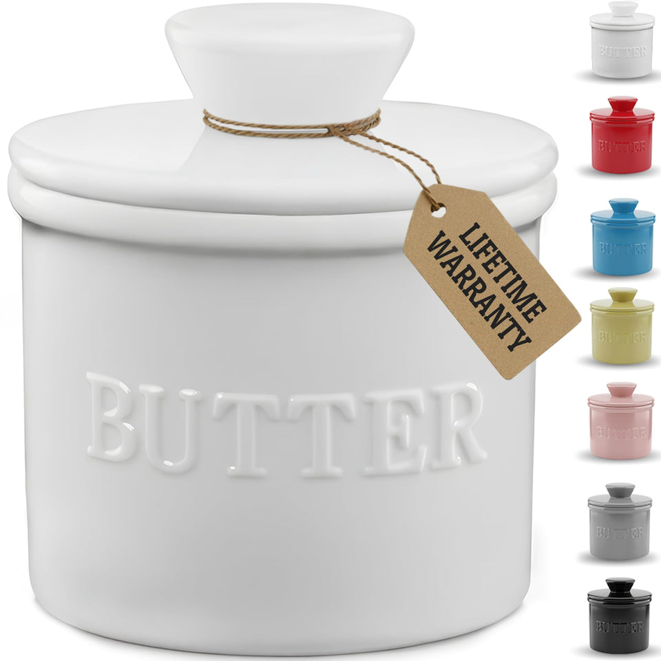 PriorityChef butter crock with lid on counter showing accessible butter
