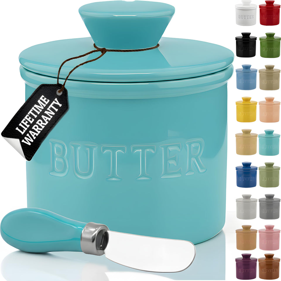 Priority Chef butter crock with lid and water line preserves freshness on the counter.