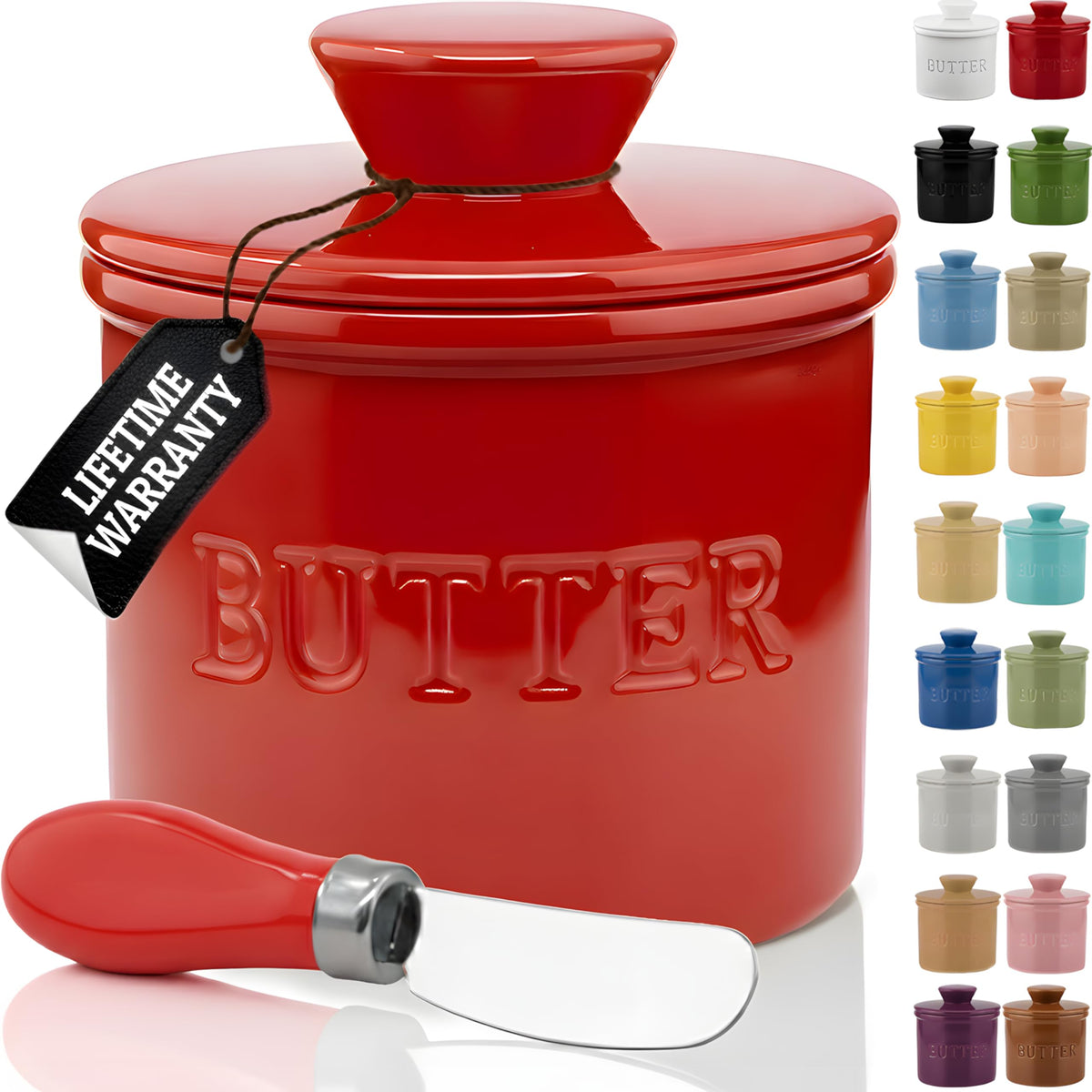 Priority Chef butter crock with lid and waterline keeps butter fresh on counter.